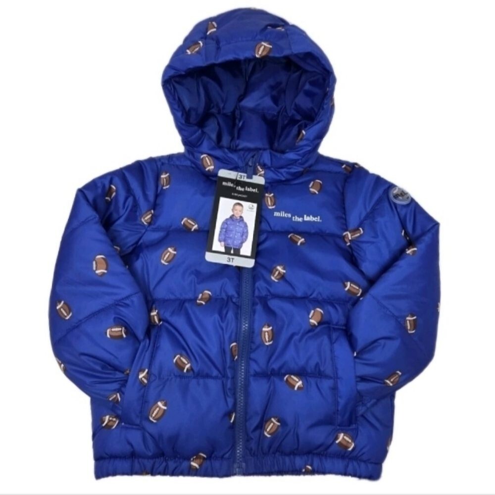 Miles The Label Boys Hooded Puffer Jacket Football Print Blue Size 3T